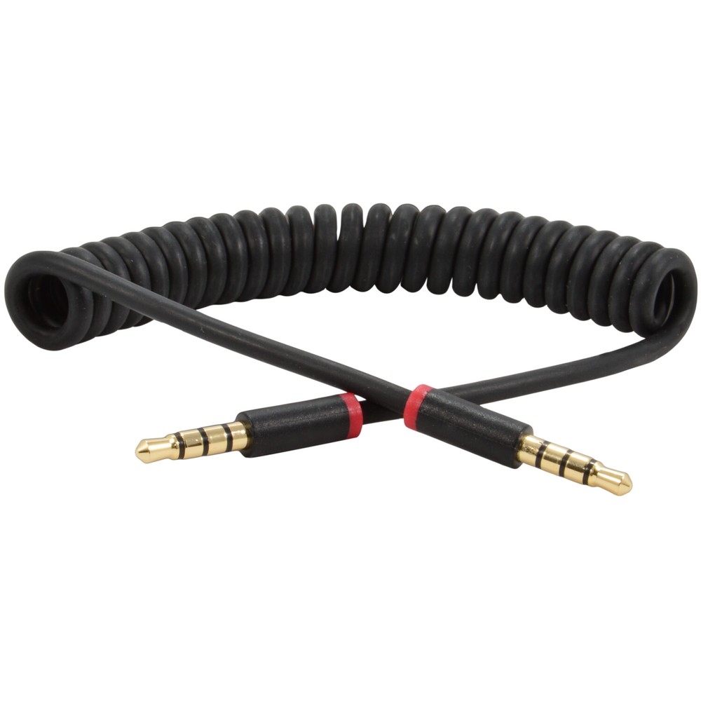 3ft 4-Pole Spring Coil 3.5mm 1/8″ Aux Cable w/ Mic Stereo Audio Auxiliary Cord