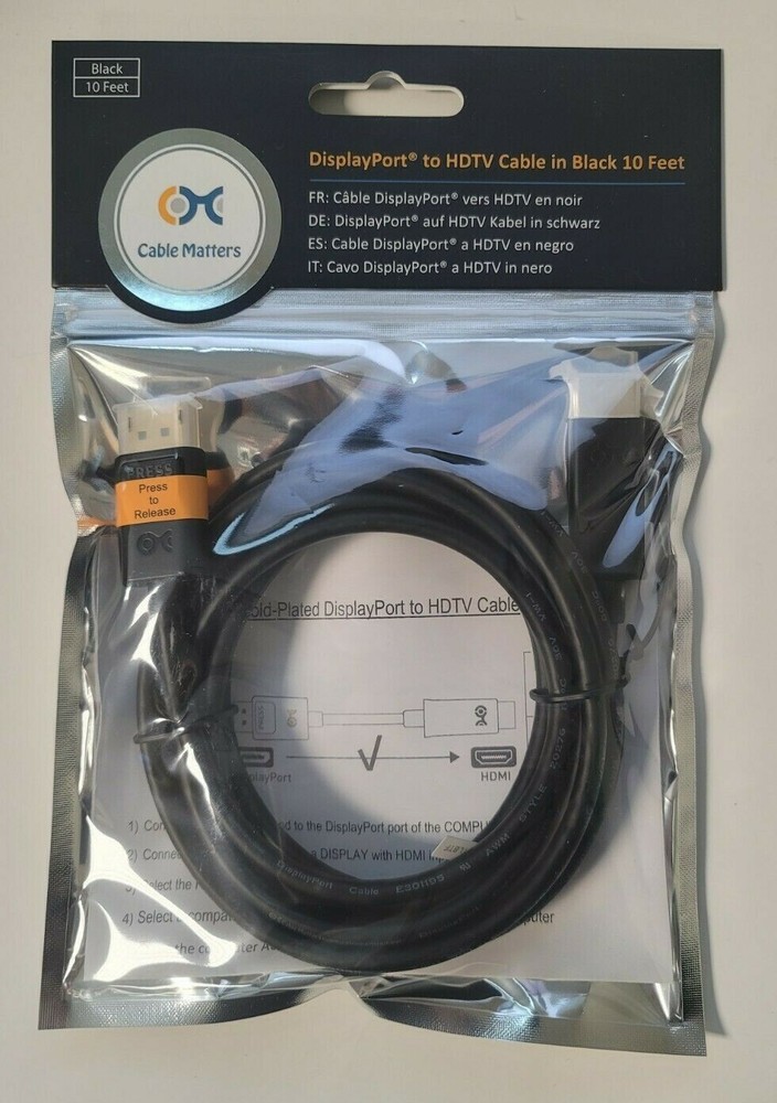 New Cable Matters 10 FT DisplayPort to HDTV Cable in Black Model 102003-10