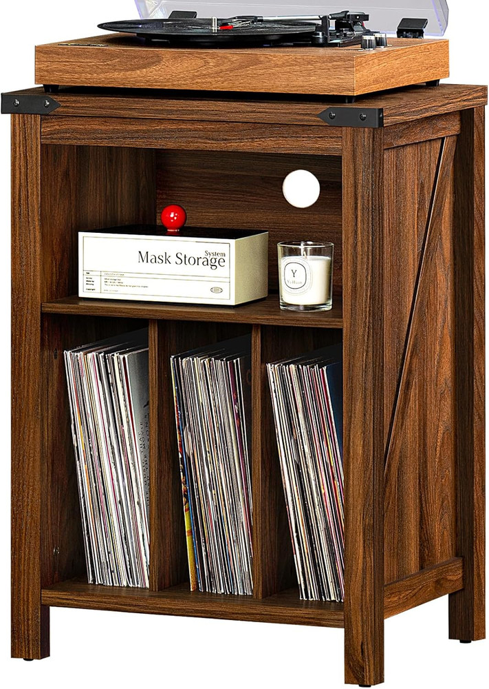 Rustic Brown Record Player Stand with Vinyl Storage for 160 Albums