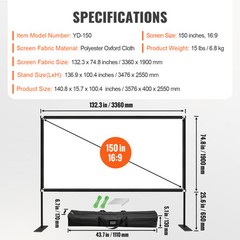 VEVOR Outdoor Movie Screen w/ Stand Portable Projector Screen 150″ 16:9 HD 4K
