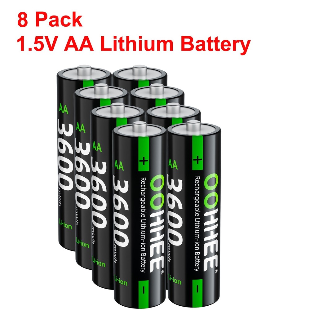 OOHHEE 8 PCS 3600mWh 1.5V AA Rechargeable Lithium Battery