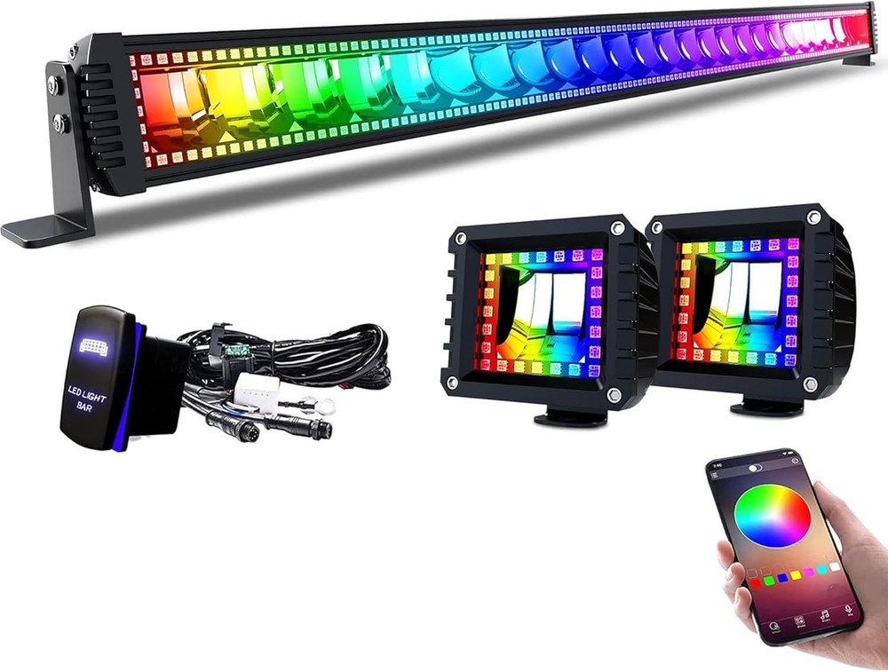 52 Inch RGBW LED Light Bar 300W & 2PCS 4″ RGB Pods with Chasing Halo Ring