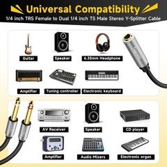1/4 inch TRS Stereo Splitter Y Adapter, 6.35mm Stereo Female to Dual 6.35 mm