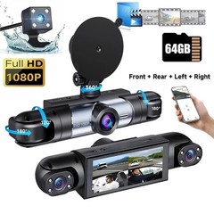 360 Degree 4 Lens 1080P Car Dash Cam Front Rear Inside Side DVR 64GB Memory Card