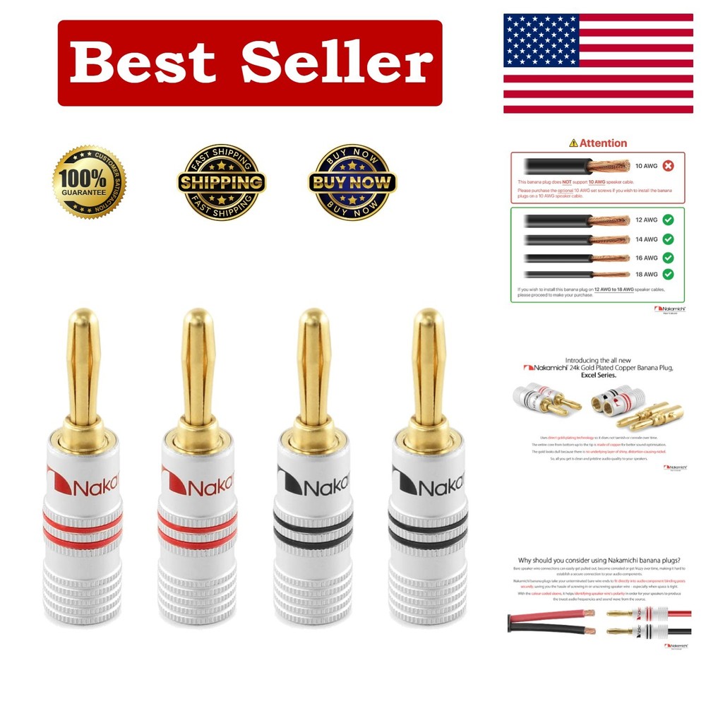 Nakamichi Excel Series 24k Gold Plated Banana Plug 12 AWG – 18 AWG Gauge Size…