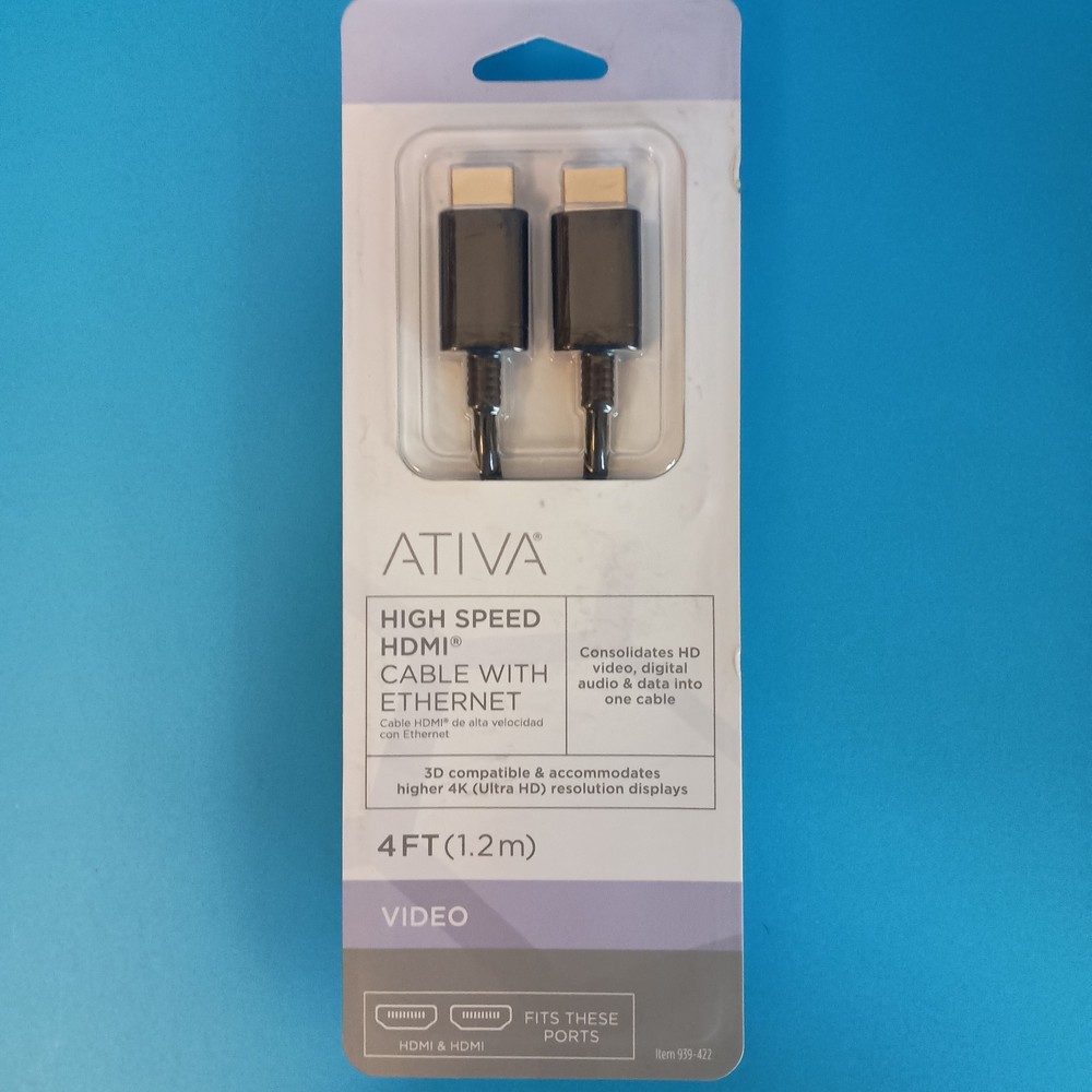 New Ativa 939-422 High Speed HDMI Cable With Eternet 4 FT