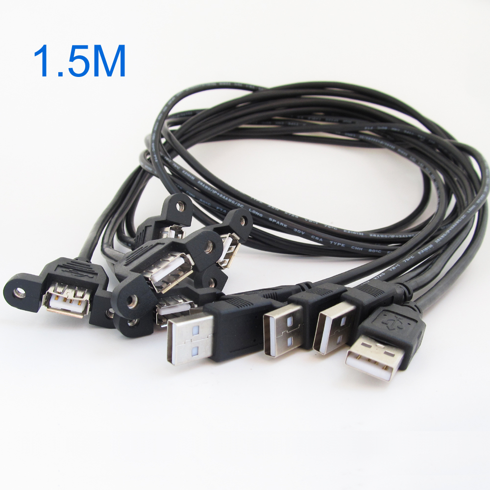 1pc 1.5M/5FT USB 2.0 A Male to A Female Panel Mount Screw Hole Extension Cable