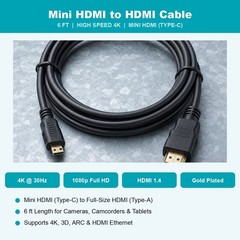 Mini HDMI to HDMI Cable 6 FT 4K Type-C Cord for Camcorder DSLR Camera Tablet