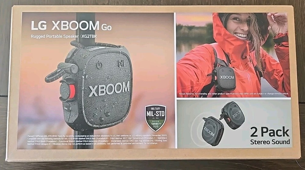 🌟NEW🌟 2-pack LG XBOOM Go Wireless Speaker XG2TBK Stereo Sound MILITARY TESTED
