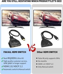 Upgrade 4K HDMI Switch 3 in 1 Out 3 Port HDMI Hub for PS4/5 Xbox FireStick Apple