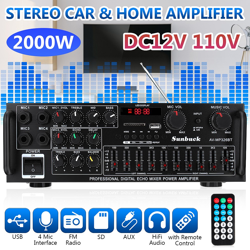 2000W 2CH bluetooth Power Amplifier Stereo Receiver Home Theater Audio Amp US