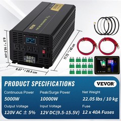 Pure Sine Wave Power Inverter 5000W 10000W DC 12V to 120V AC LCD & Remote
