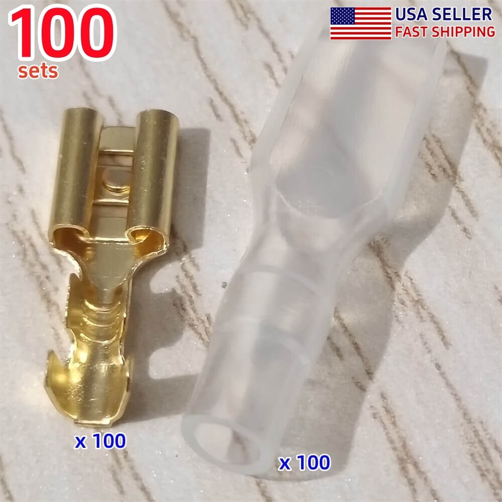 100 Sets Brass Female Spade Terminals 4.8mm Wire Connectors Insulating Sleeve US