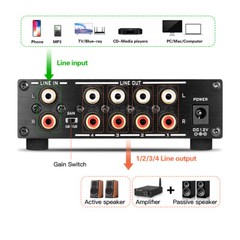 HiFi 4-way Stereo Audio Switcher Box Preamp Analog RCA Splitter w/Volume Control