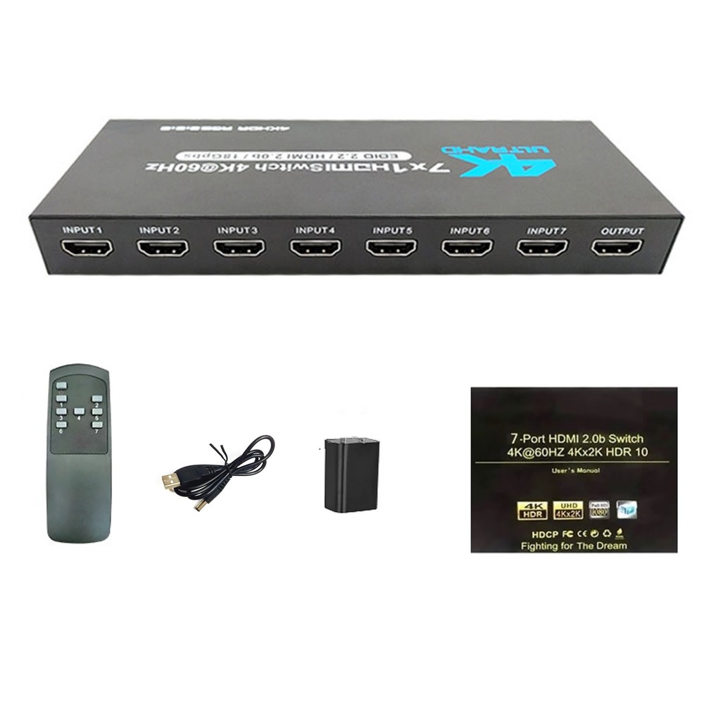 7-Port HDMI Switch 2.0 4K@60Hz 7×1 HDMI 2.0 Switcher With IR Remote Support HDR