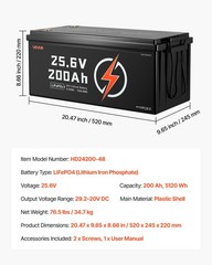VEVOR 24V 200Ah LiFePO4 Lithium Battery Rechargeable Battery 100A BMS 4000 Cycle