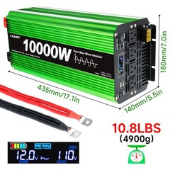 10000W Peak Pure Sine Wave Inverter 12V DC to 110V AC with LED Remote Control