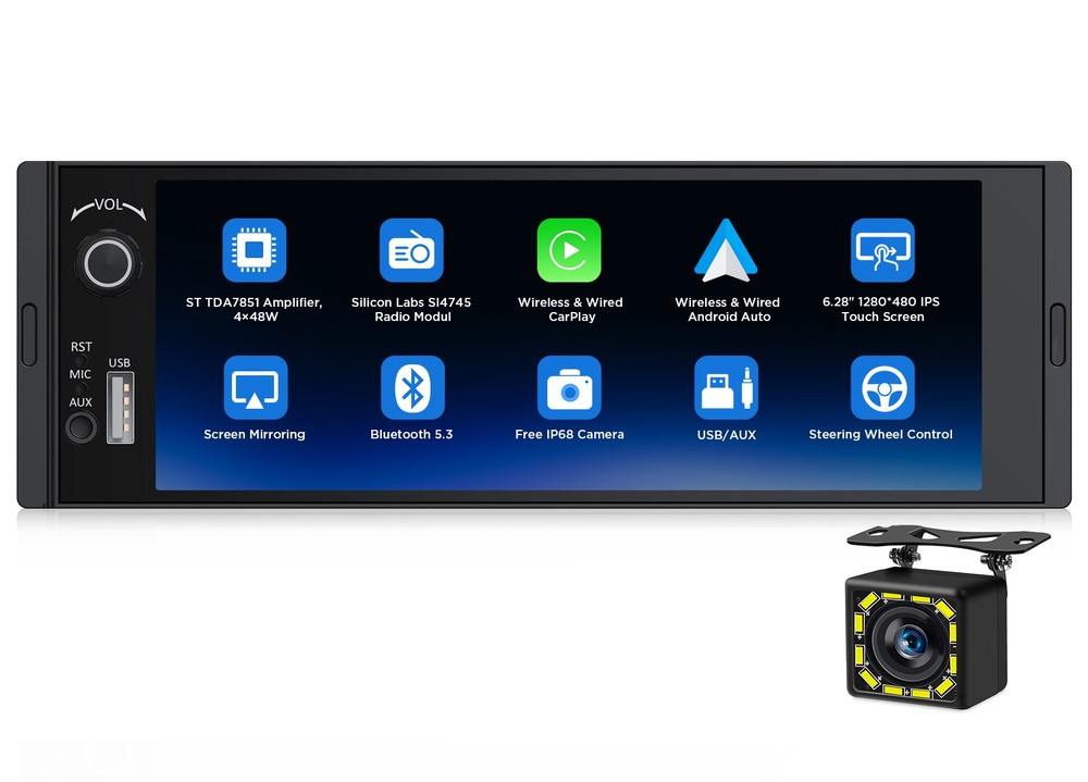 6.28″ IPS Android Auto 1 DIN Car Stereo Radio Head Unit Wireless CarPlay GPS RDS