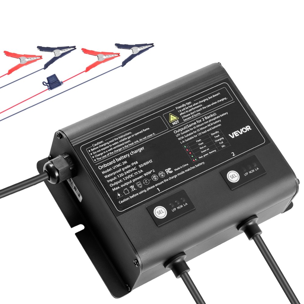 VEVOR 2-Bank 5A 12V Smart Marine Battery Charger Onboard IP68 Waterproof Boat RV