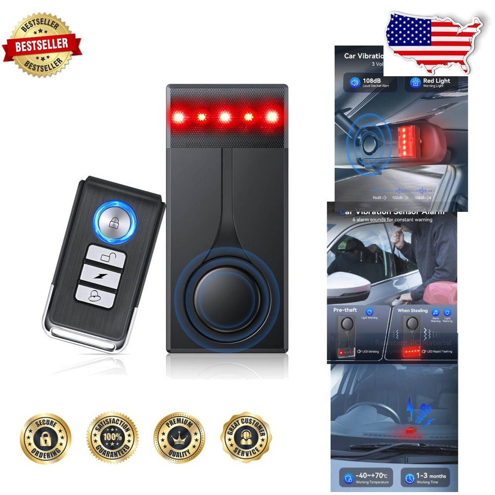 Car Alarm System 108dB Vibration Sensor & Red Light Wireless Remote