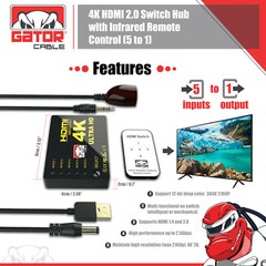 4K HDMI 2.0 Cable Splitter Switcher Box Hub IR Remote Control 5X1 Power 5 to 1