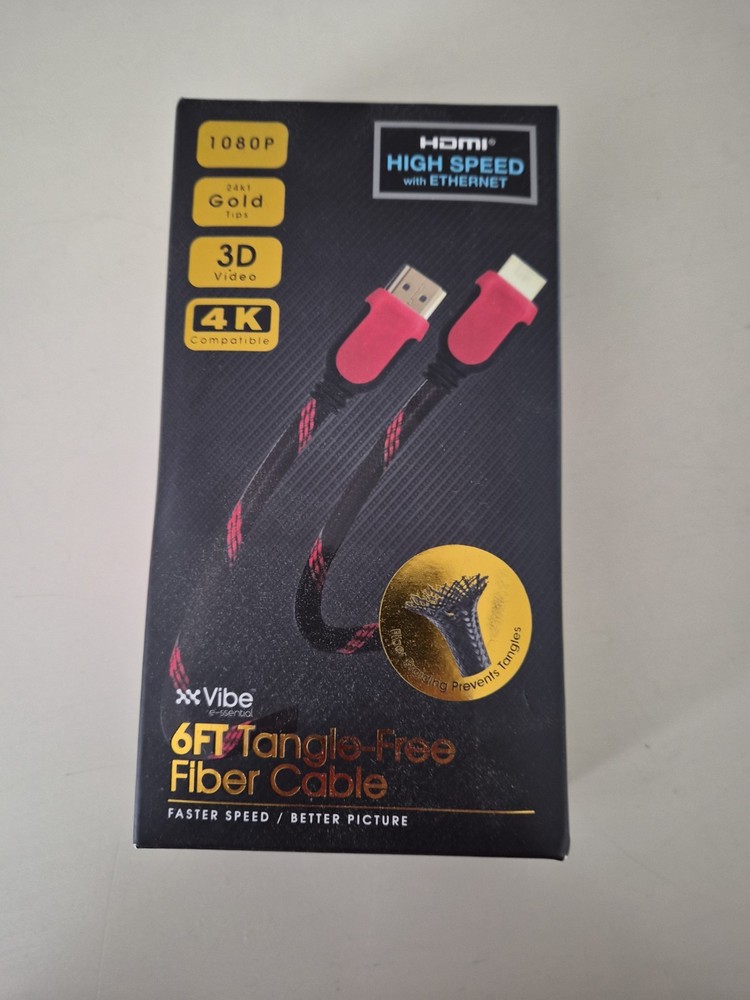 VIBE 6ft Tangle-Free Fiber Cable HDMI 1080 High Speed w/Ethernet 1080P BRAND NEW