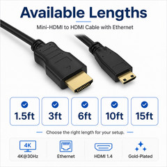 Mini-HDMI to HMDI Cable with Ethernet – 1.5ft / 3ft / 6ft / 10ft / 15ft