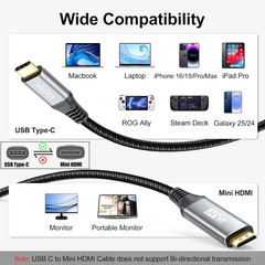 Short USB C to Mini HDMI Cable 2FT(NOT HDMI), 4K@60Hz High Speed Type-C to Mini