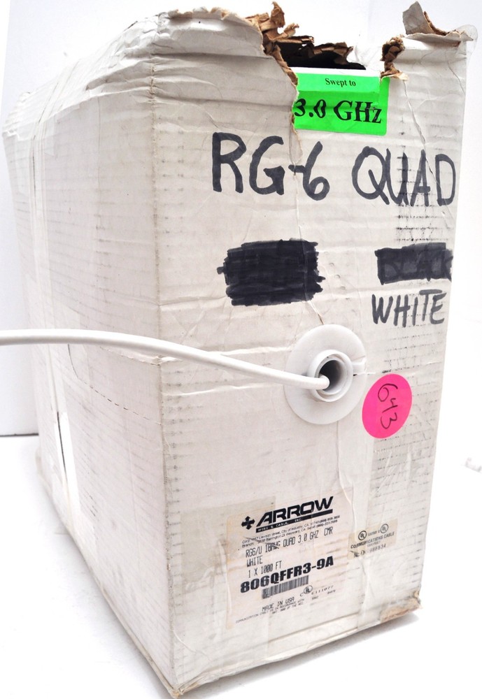 ARROW WIRE RG6 Coaxial 18AWG 1000f Quad Shielded 18AWG White