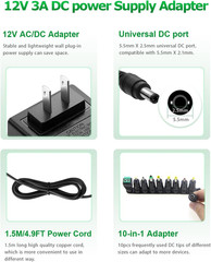 12V 3A Power Supply Adapter 36W Ac/Dc Charger AC 100V-240V to DC 12Volt 3Amp Pow