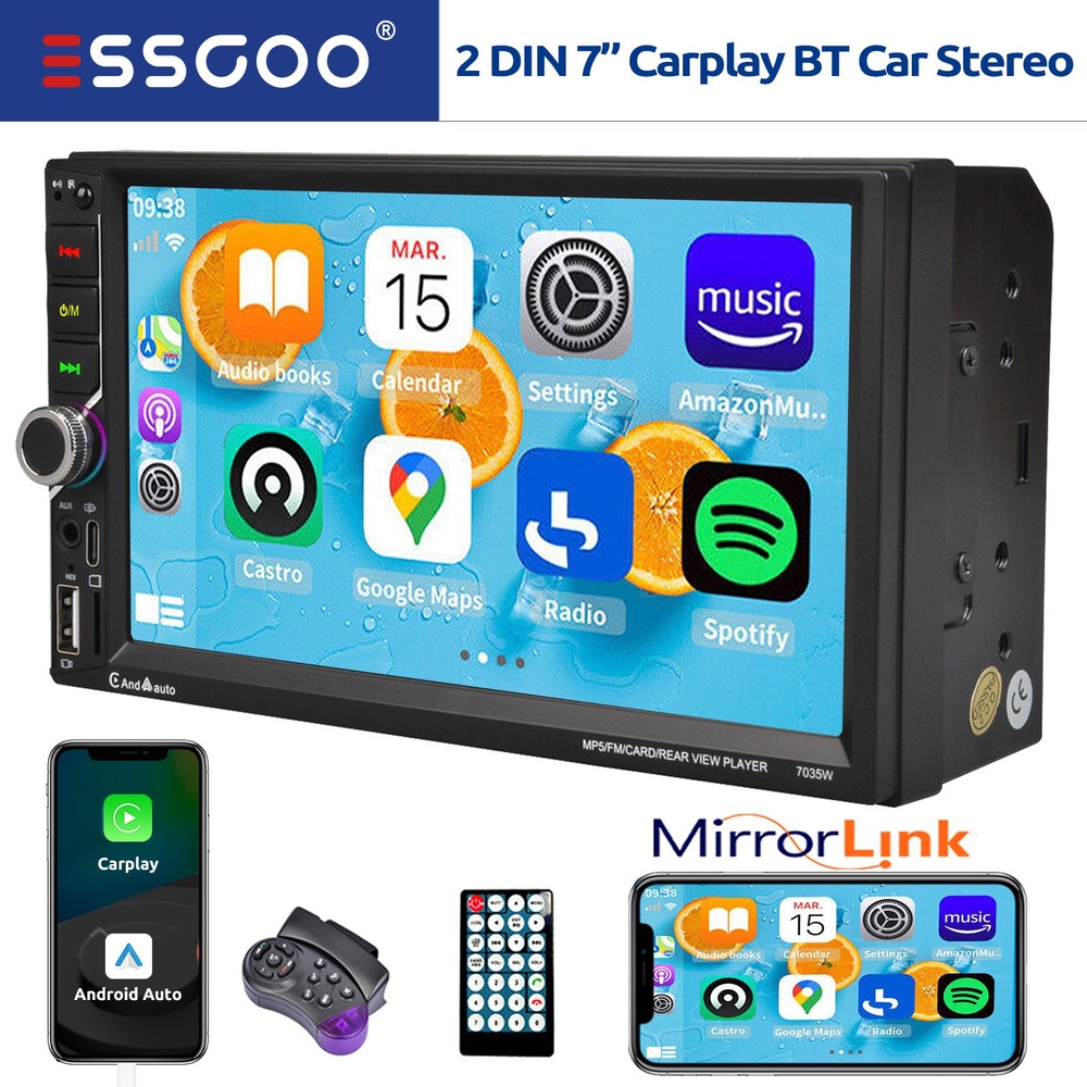 Double 2 DIN 7 in Wireless Apple Carplay Car Stereo Head Unit HD Screen FM Radio