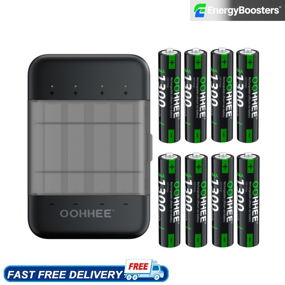 8-Pack AAA 1.5V Rechargeable Lithium Batteries 1300mWh with Charging Box