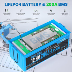 12V 200Ah plus Lifepo4 Battery, 200A BMS, Max. 2560W Power Output, 4000-15000 De