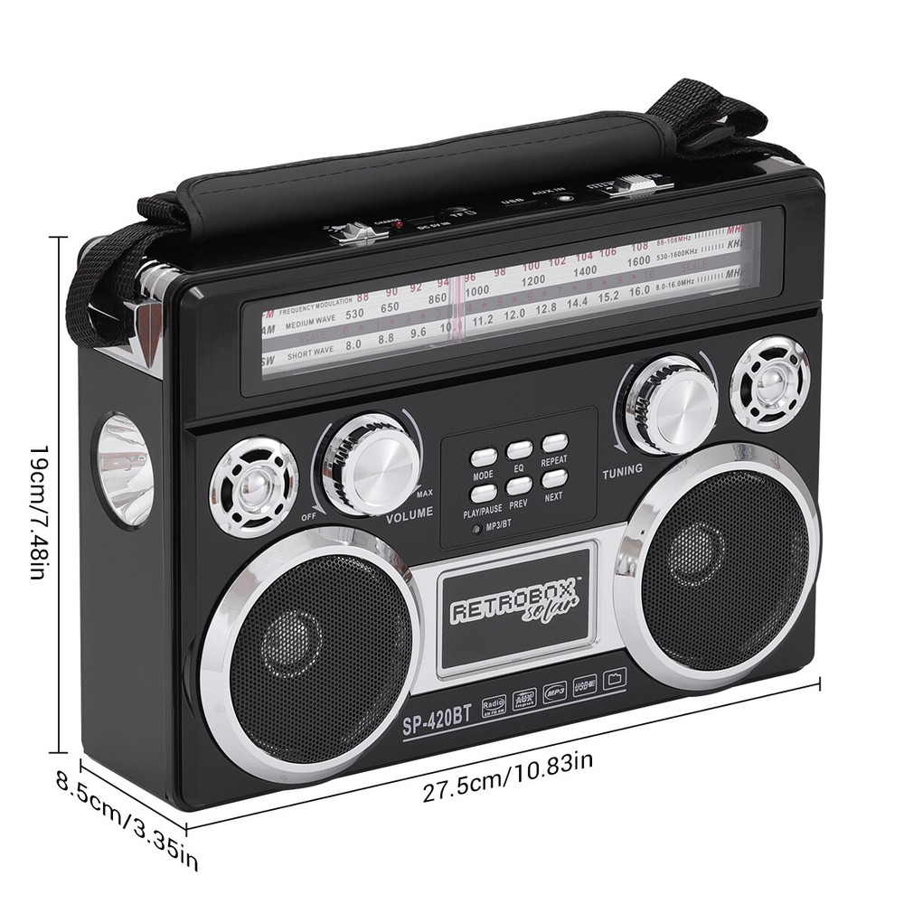 Solar Rechargeable Portable Bluetooth Radio with AM/FM/SW 3-Band Radio RETROBOX