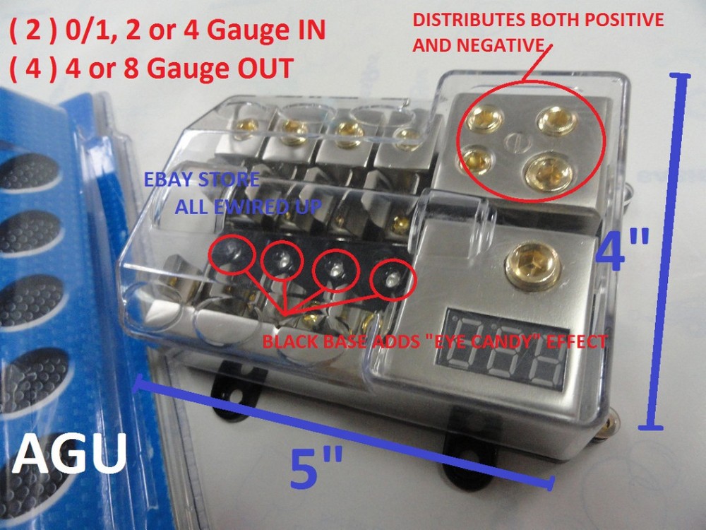 2 IN 4 OUT AGU 0 1 4 8 Gauge Fuse Holder “Eye Candy” Car Truck Power Block 12V