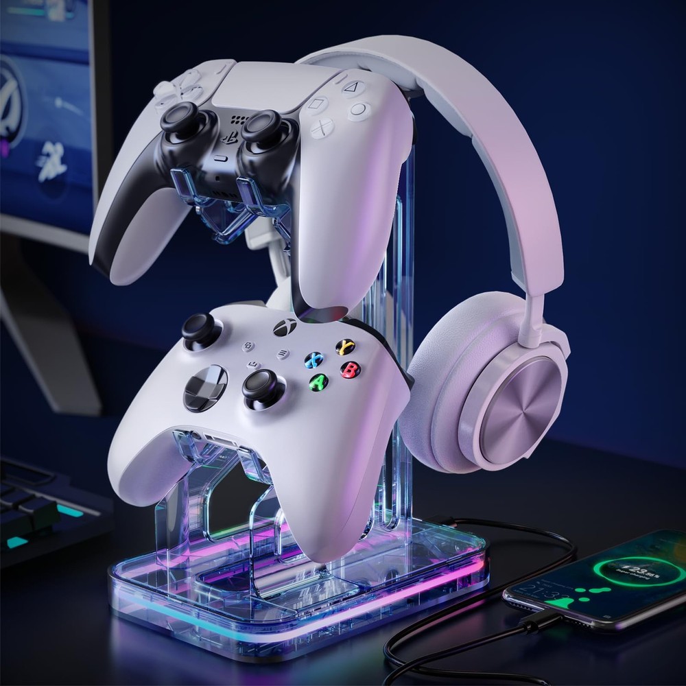 Luckit Gaming Headphones Stand, RGB Headset Stand with 2 USB Transparent