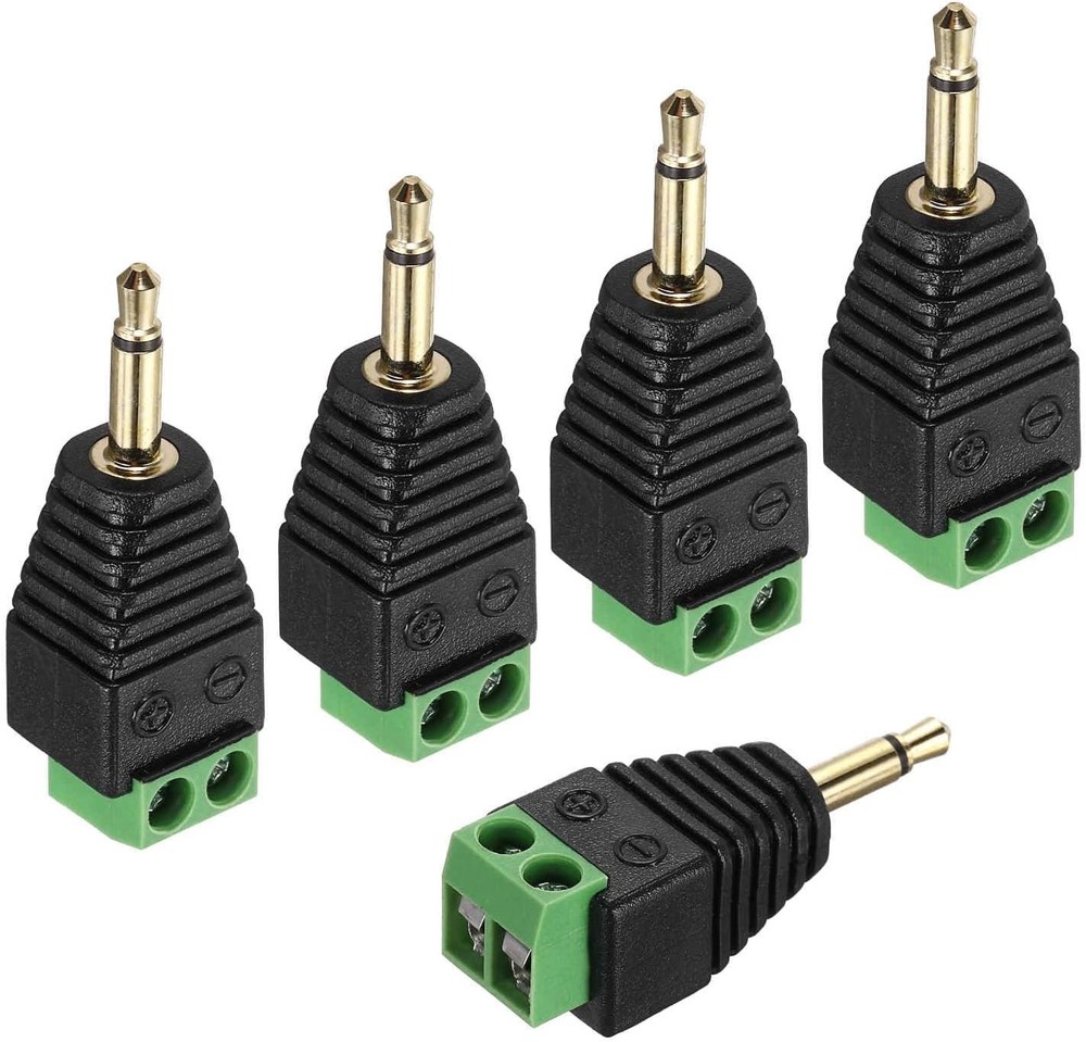 MECCANIXITY 5Pcs 3.5mm TS Mono Male Plug to 2 Pin Screw Terminal Block, Gold Pla