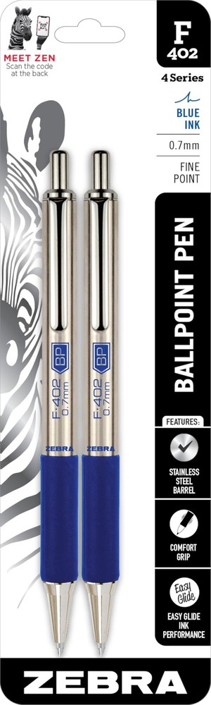 Zebra Pen, STEEL F-402 Retractable Ballpoint 1 Count (Pack of 2), Blue A