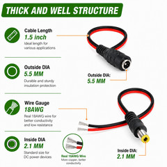 DC Power Pigtail Cable Plug 18AWG 2.1mm x 5.5mm 12V 5A Male & Female Pack Lot