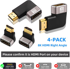 8K HDMI Eblow 4-Pack HDMI Right Angle Adapter 90 and 270 Degree Gold Plated, Sup