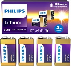 4 Pack Philips 9V Lithium Battery Ultra Long Lasting for Devices Smoke Detector