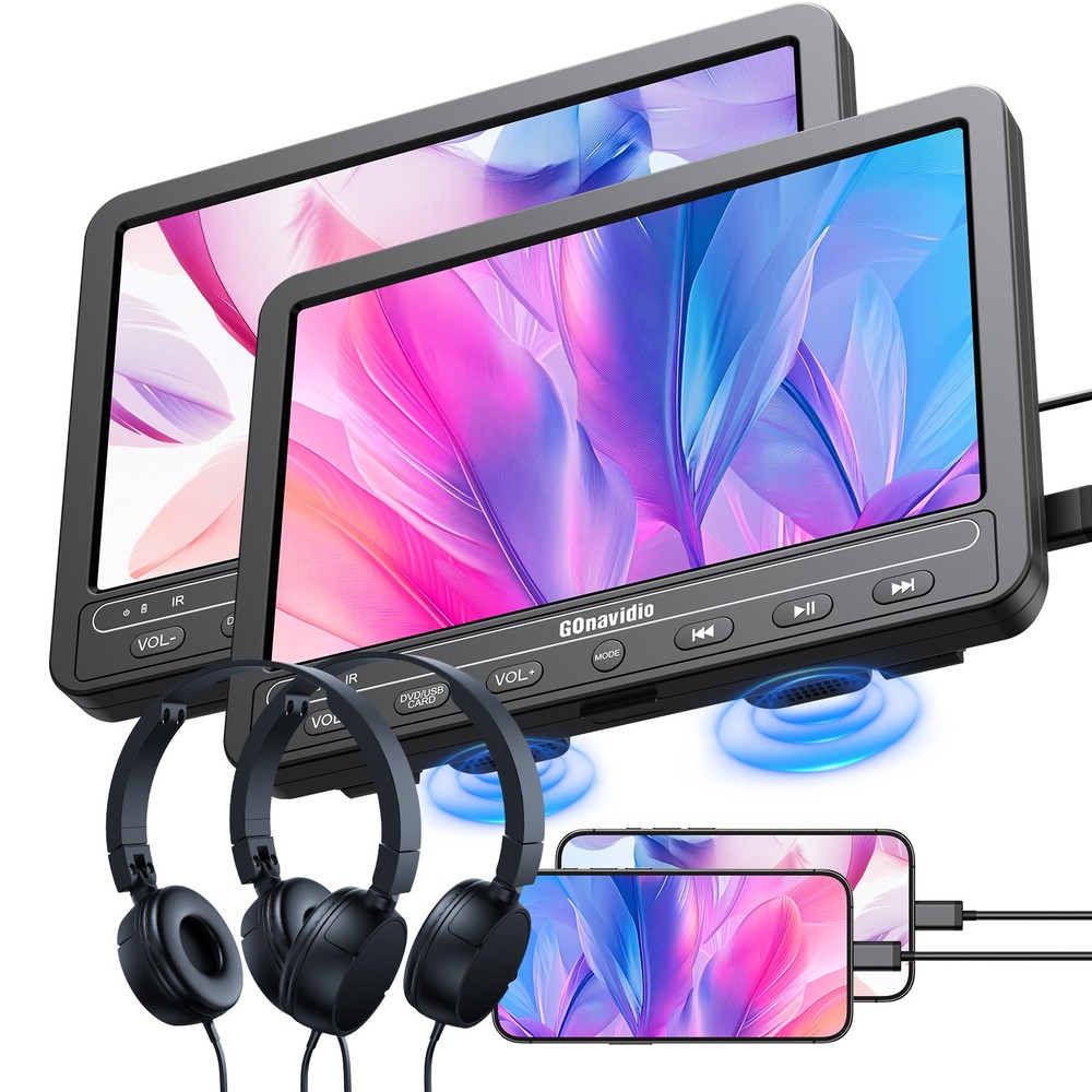 2X10.1″ Screen Car DVD Player Headrest CD USB AV IN OUT w/ Headsets, RC Control
