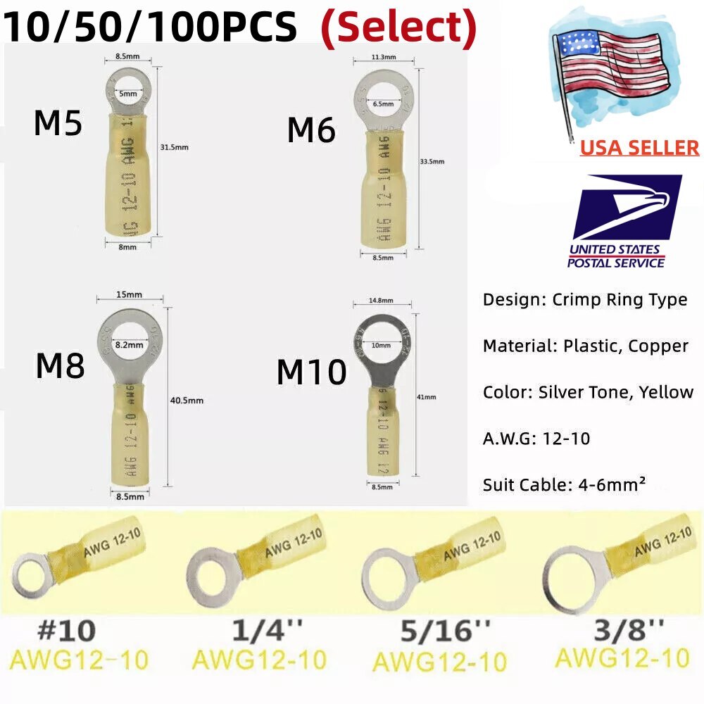 10-100x Waterproof Crimp Wire Connectors Heat Shrink Ring Terminals 12-10 AWG