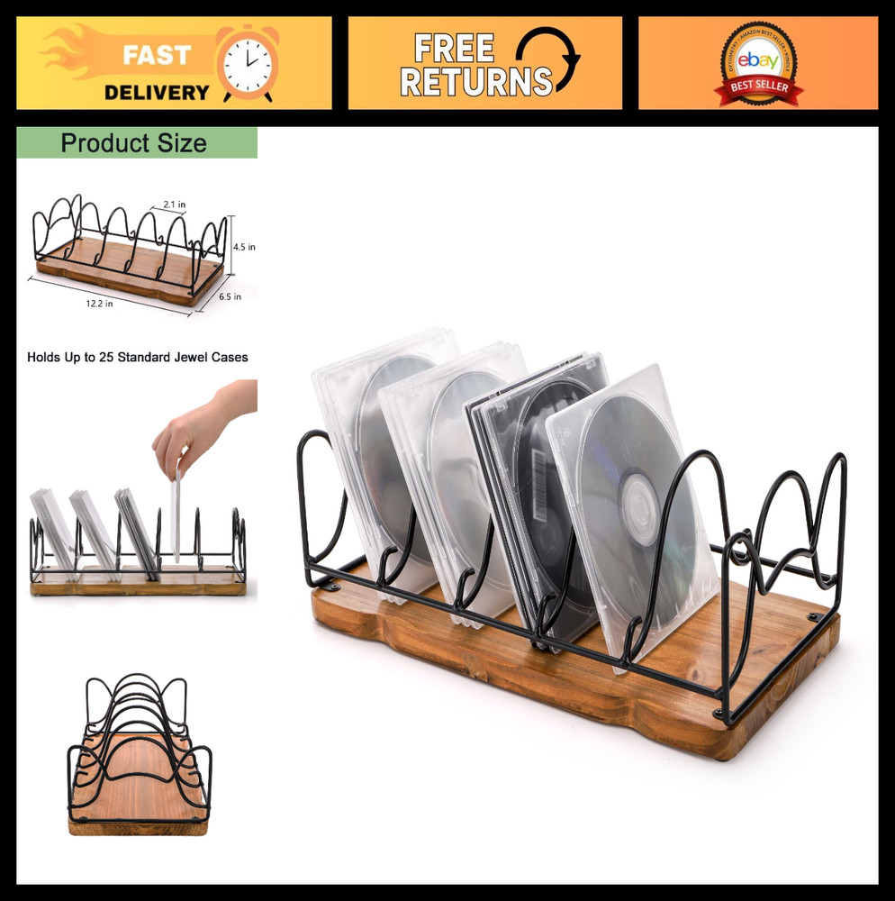 Rustic CD/DVD Storage Rack, 5-Slot Metal Wire & Wooden Base, Holds 25 Cases