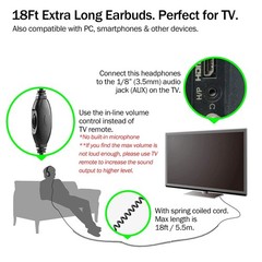 Extra Long 18ft Headphones for TV & PC, Volume Control, Wired Over Ear Stereo, 3