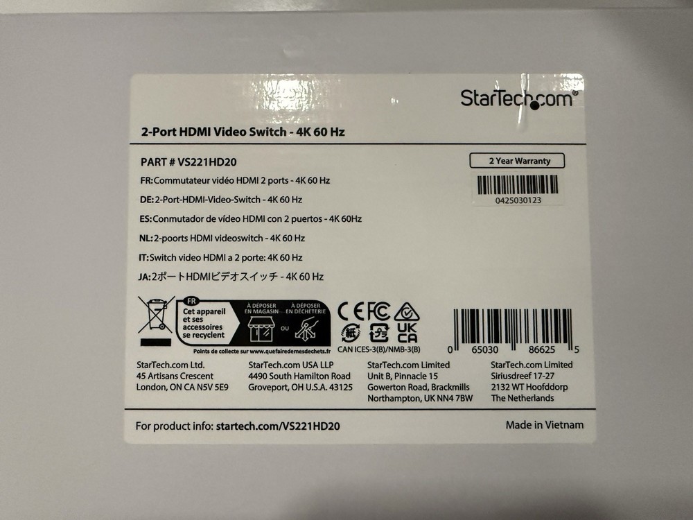 StarTech VS221HD20 2-Port HDMI Switch 4K 60Hz HDMI 2.0 HDR Brand New
