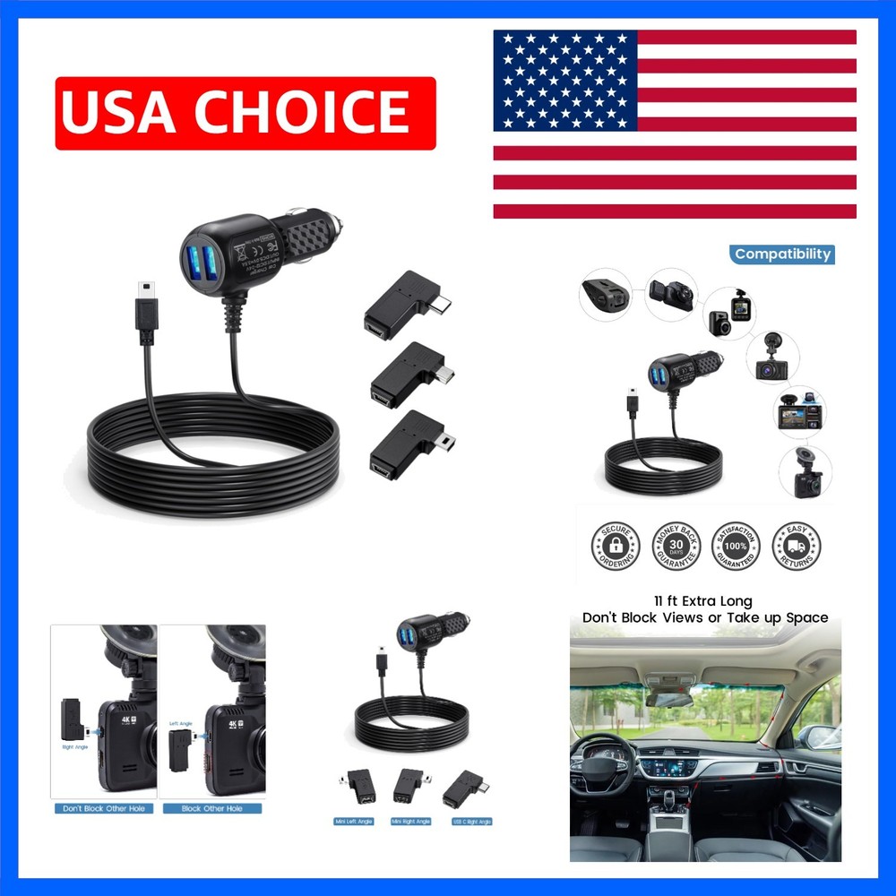 Extra Long Dash Cam Power Cord with Dual USB Ports and USB C Compatibility