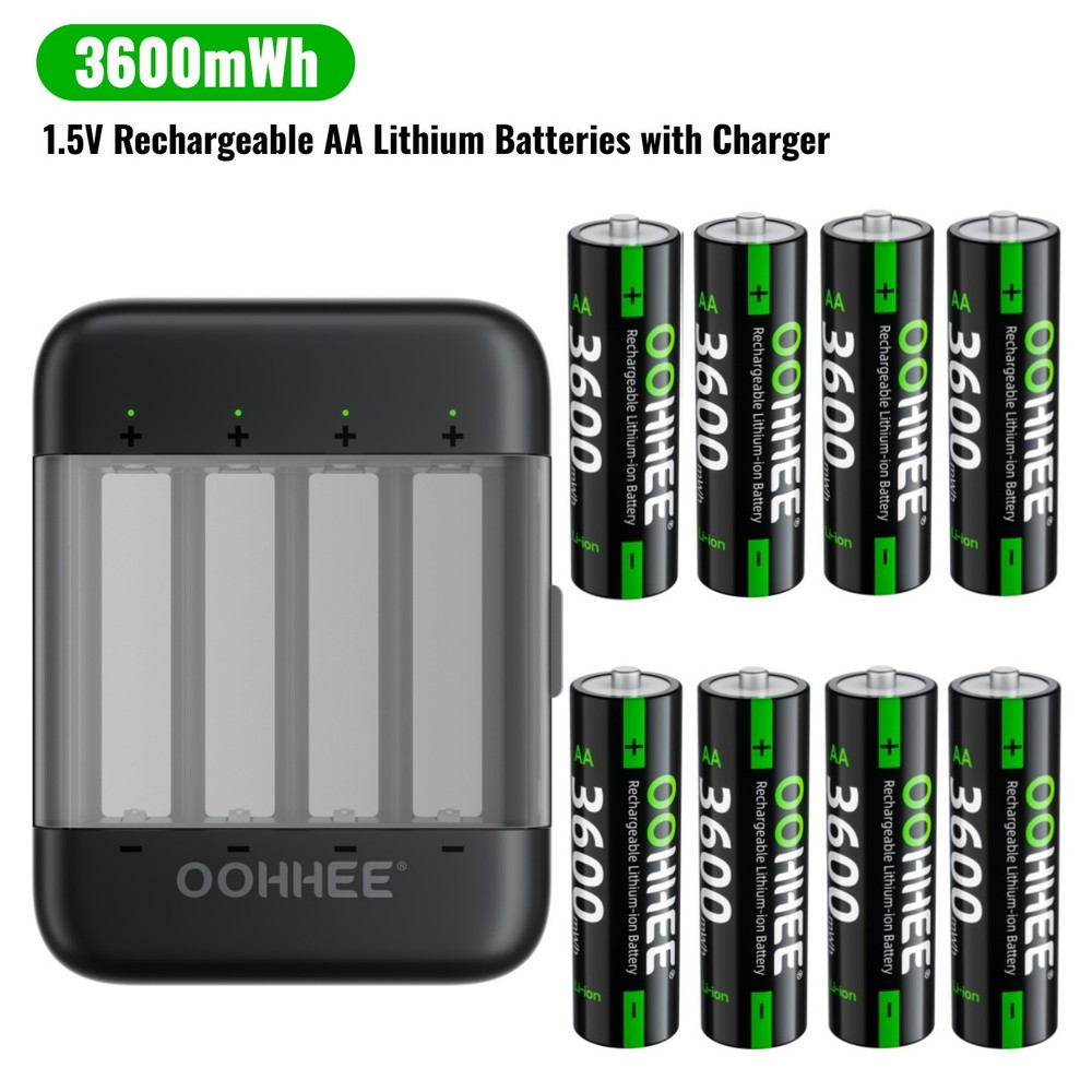 Rechargeable 8x AA Lithium Batteries 3600mWh 1.5V with Fast Charging Storage Box