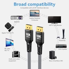 DisplayPort Cable 2.1 10FT 80Gbps 16K 60Hz 8K 120Hz 4K 240Hz HDR10 HDCP Braided