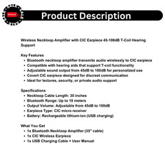 Wireless Neckloop Amplifier with CIC Earpiece 45-100dB T-Coil Hearing Support